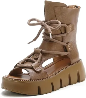 Women's Genuine Leather Peep Toe High Top Chunky Platform Sandals Vintage Round Toe Lace Up Back Zipper Soft Sole Hollow Ankle Boots Summer Comfortable Breathable Roman Wedge Sandals