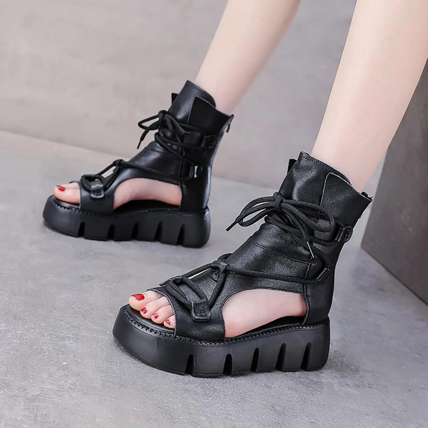 Women's Genuine Leather Peep Toe High Top Chunky Platform Sandals Vintage Round Toe Lace Up Back Zipper Soft Sole Hollow Ankle Boots Summer Comfortable Breathable Roman Wedge Sandals