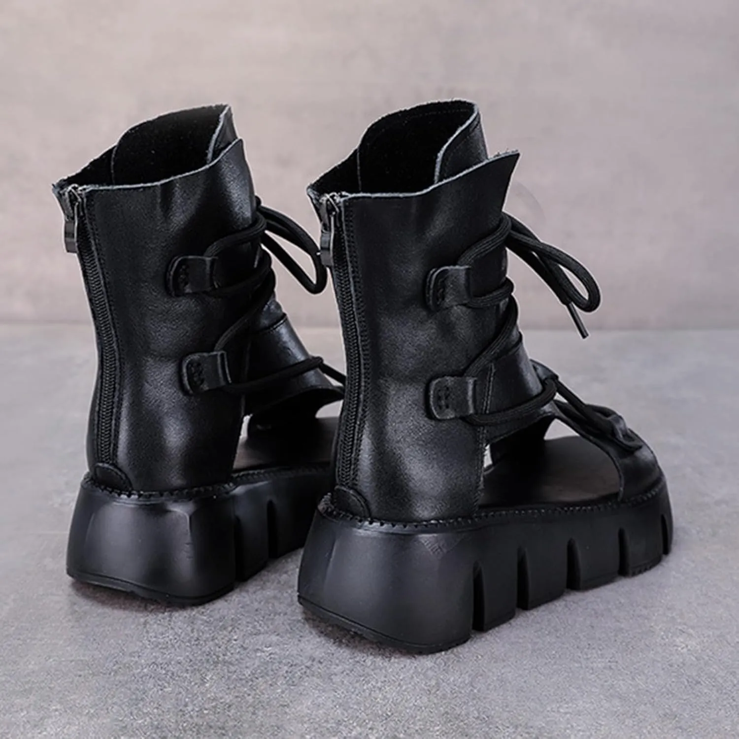 Women's Genuine Leather Peep Toe High Top Chunky Platform Sandals Vintage Round Toe Lace Up Back Zipper Soft Sole Hollow Ankle Boots Summer Comfortable Breathable Roman Wedge Sandals