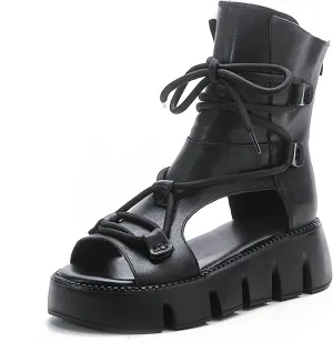 Women's Genuine Leather Peep Toe High Top Chunky Platform Sandals Vintage Round Toe Lace Up Back Zipper Soft Sole Hollow Ankle Boots Summer Comfortable Breathable Roman Wedge Sandals