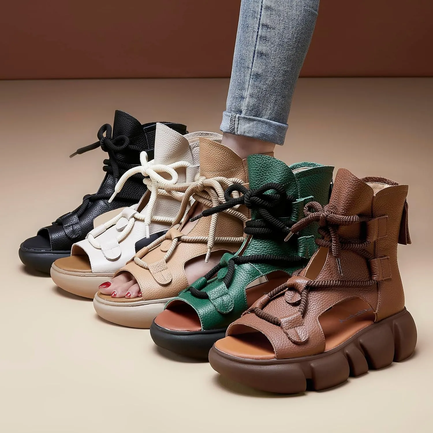 Women's Genuine Leather Peep Toe High Top Platform Sandals Vintage Casual Hollow Lace Up Back Zipper Chunky Wedge Ankle Boots Comfortable Breathable Roman Sandals