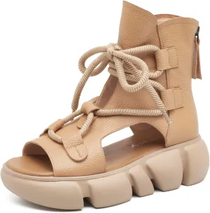 Women's Genuine Leather Peep Toe High Top Platform Sandals Vintage Casual Hollow Lace Up Back Zipper Chunky Wedge Ankle Boots Comfortable Breathable Roman Sandals