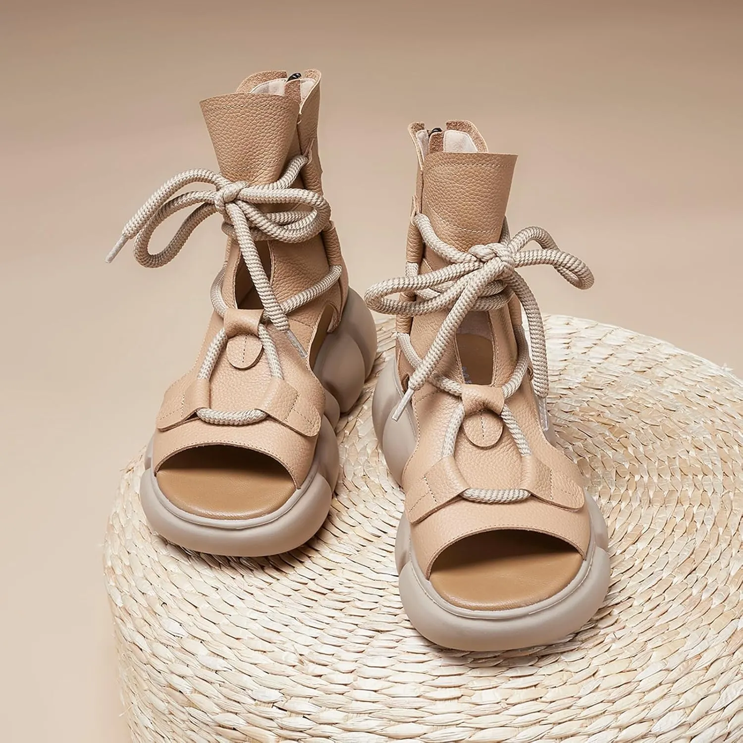 Women's Genuine Leather Peep Toe High Top Platform Sandals Vintage Casual Hollow Lace Up Back Zipper Chunky Wedge Ankle Boots Comfortable Breathable Roman Sandals