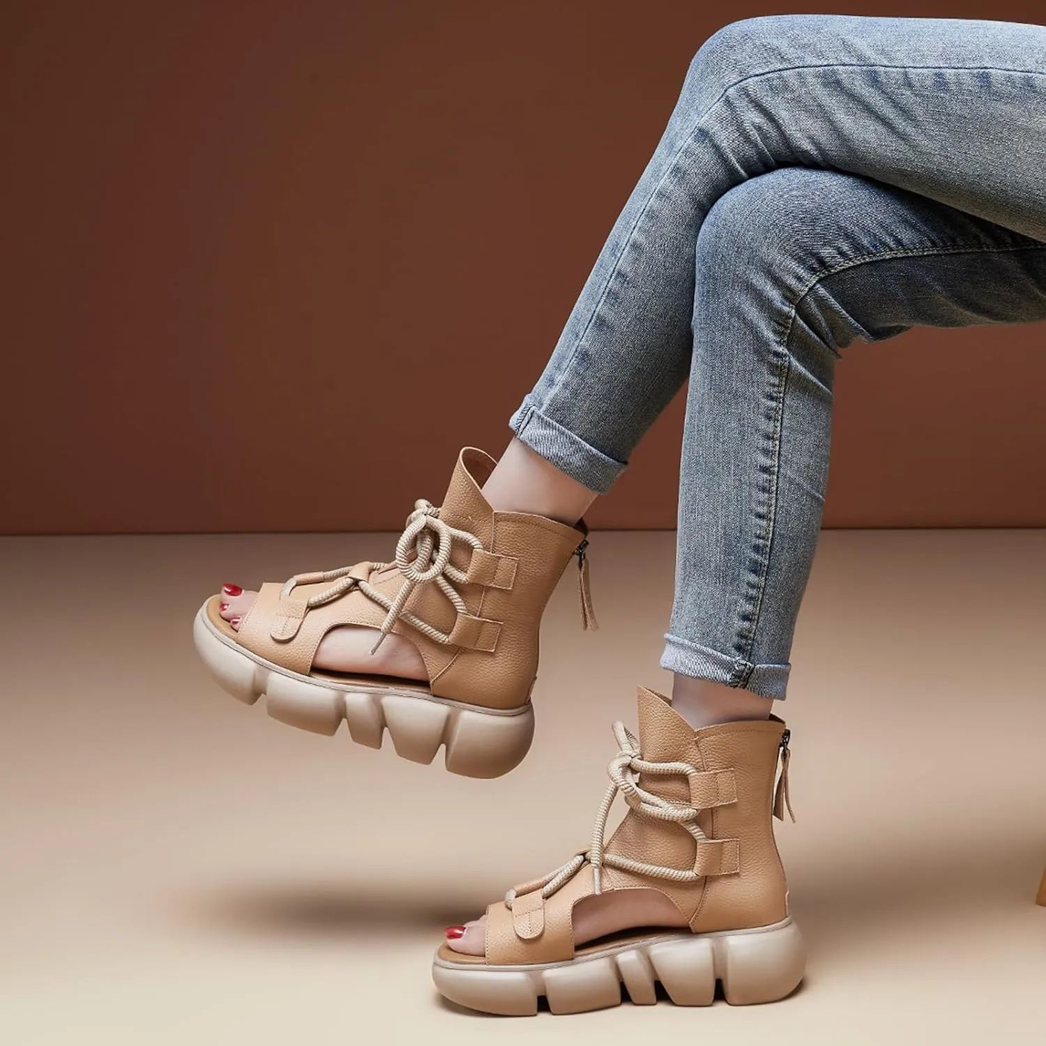Women's Genuine Leather Peep Toe High Top Platform Sandals Vintage Casual Hollow Lace Up Back Zipper Chunky Wedge Ankle Boots Comfortable Breathable Roman Sandals