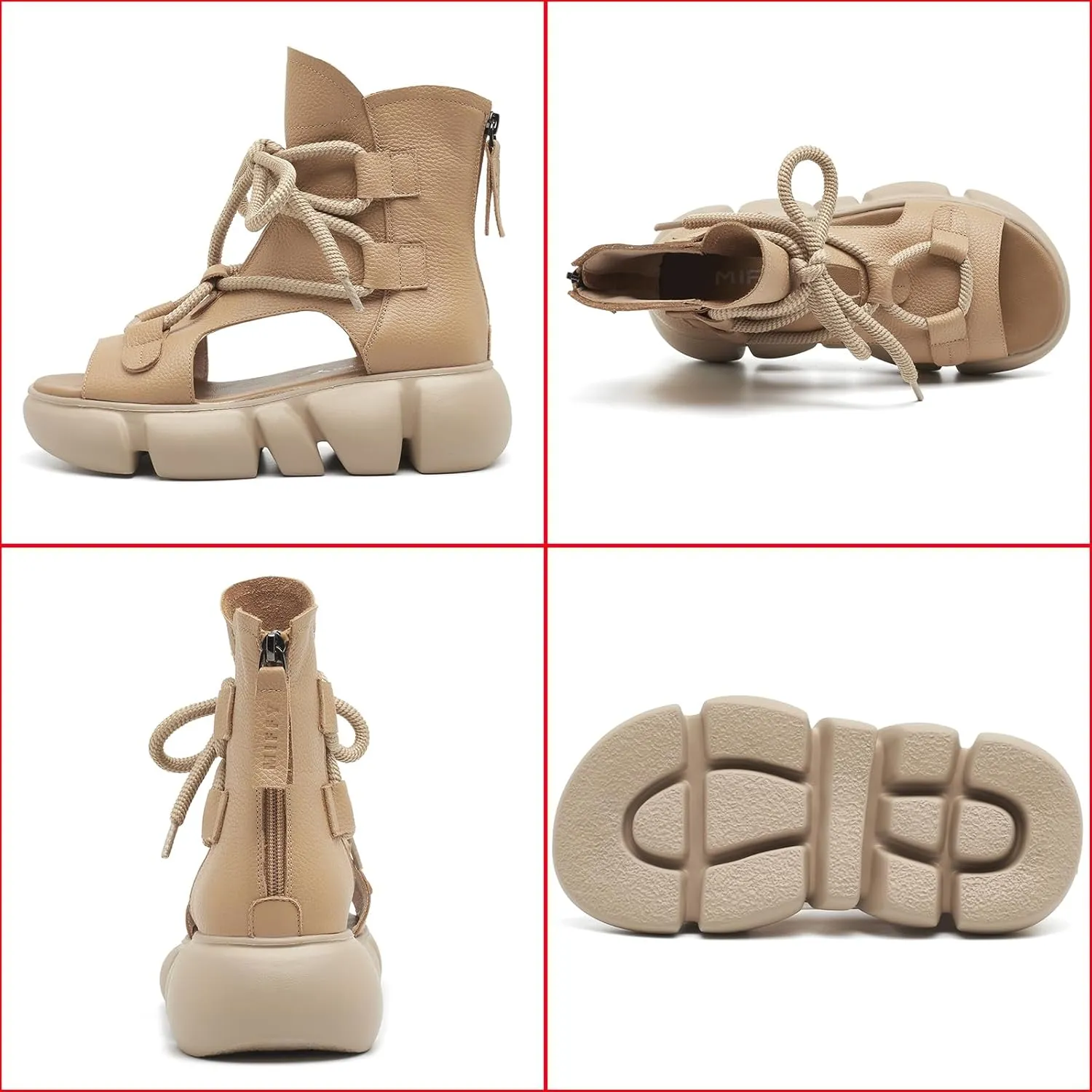 Women's Genuine Leather Peep Toe High Top Platform Sandals Vintage Casual Hollow Lace Up Back Zipper Chunky Wedge Ankle Boots Comfortable Breathable Roman Sandals