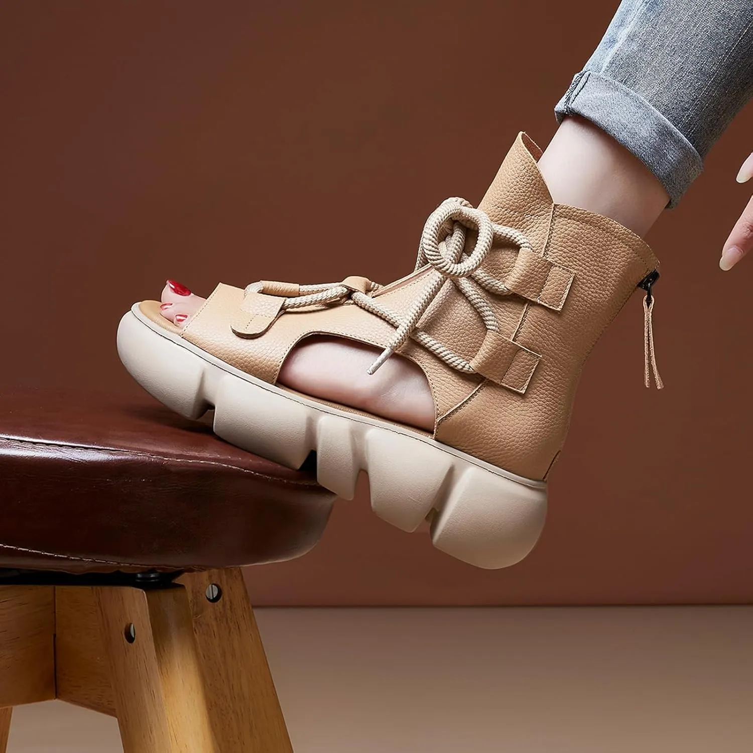 Women's Genuine Leather Peep Toe High Top Platform Sandals Vintage Casual Hollow Lace Up Back Zipper Chunky Wedge Ankle Boots Comfortable Breathable Roman Sandals