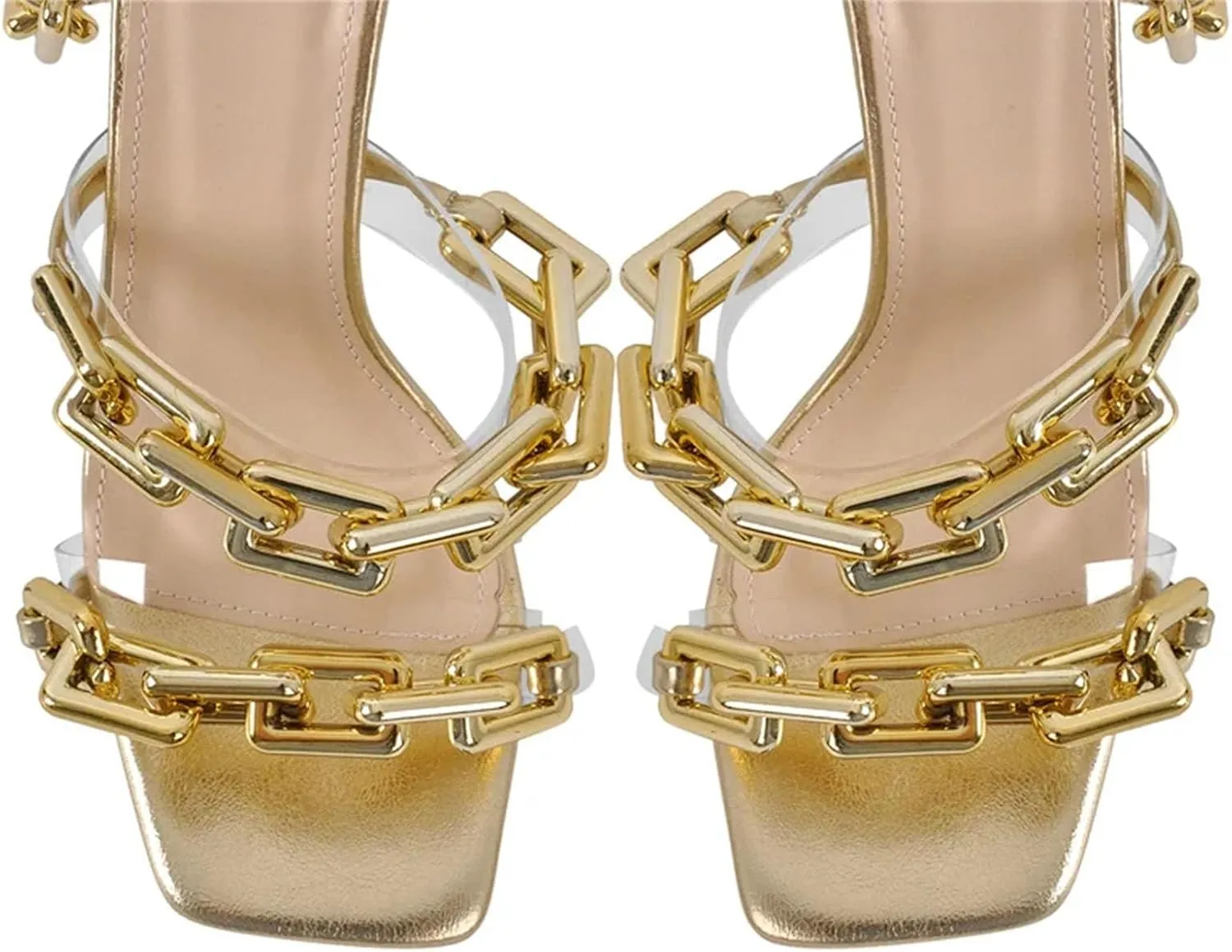 Women's Gold Chain Sandals - Square Toe Lace-Up Party Stilettos