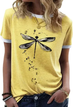 Women's Graphic Tees Casual Summer Funny Dragonfly Printed Short Sleeve Cute T Shirts Tops