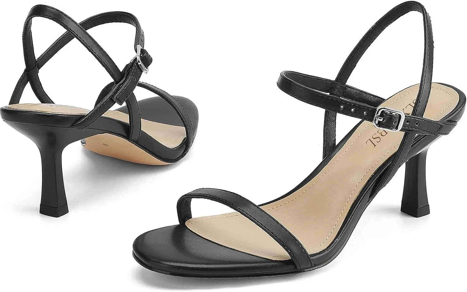 Women's Heels Round Open Toe Strappy Sandals Adjustable Ankle Strap Dress Shoes Kitten Heels for Party Wedding