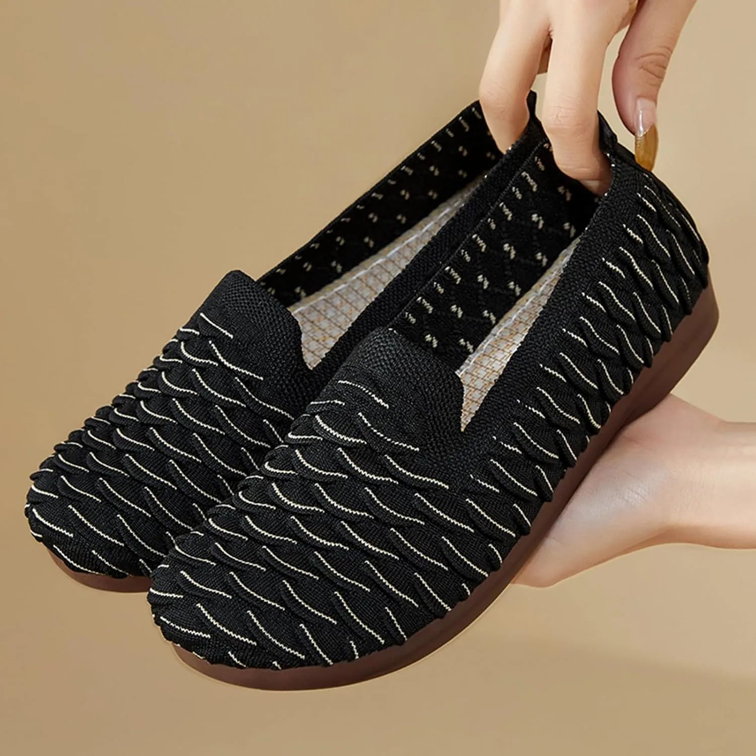 Women's Knit Breathable Ballet Flats Fashion Round Toe Soft Sole Shallow Mouth Slip On Loafers Comfortable Casual Walking Canvas Shoes