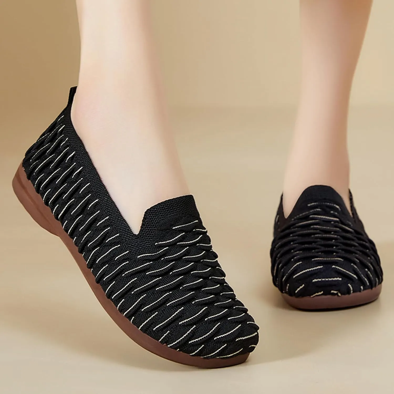Women's Knit Breathable Ballet Flats Fashion Round Toe Soft Sole Shallow Mouth Slip On Loafers Comfortable Casual Walking Canvas Shoes