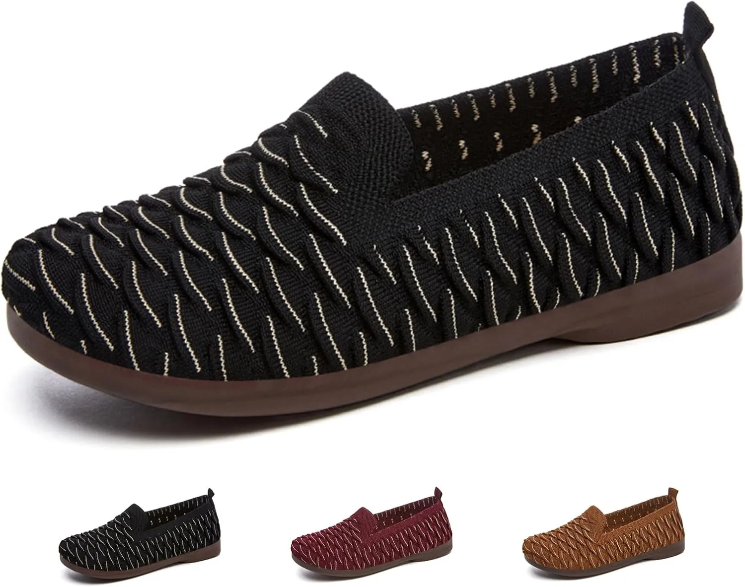Women's Knit Breathable Ballet Flats Fashion Round Toe Soft Sole Shallow Mouth Slip On Loafers Comfortable Casual Walking Canvas Shoes