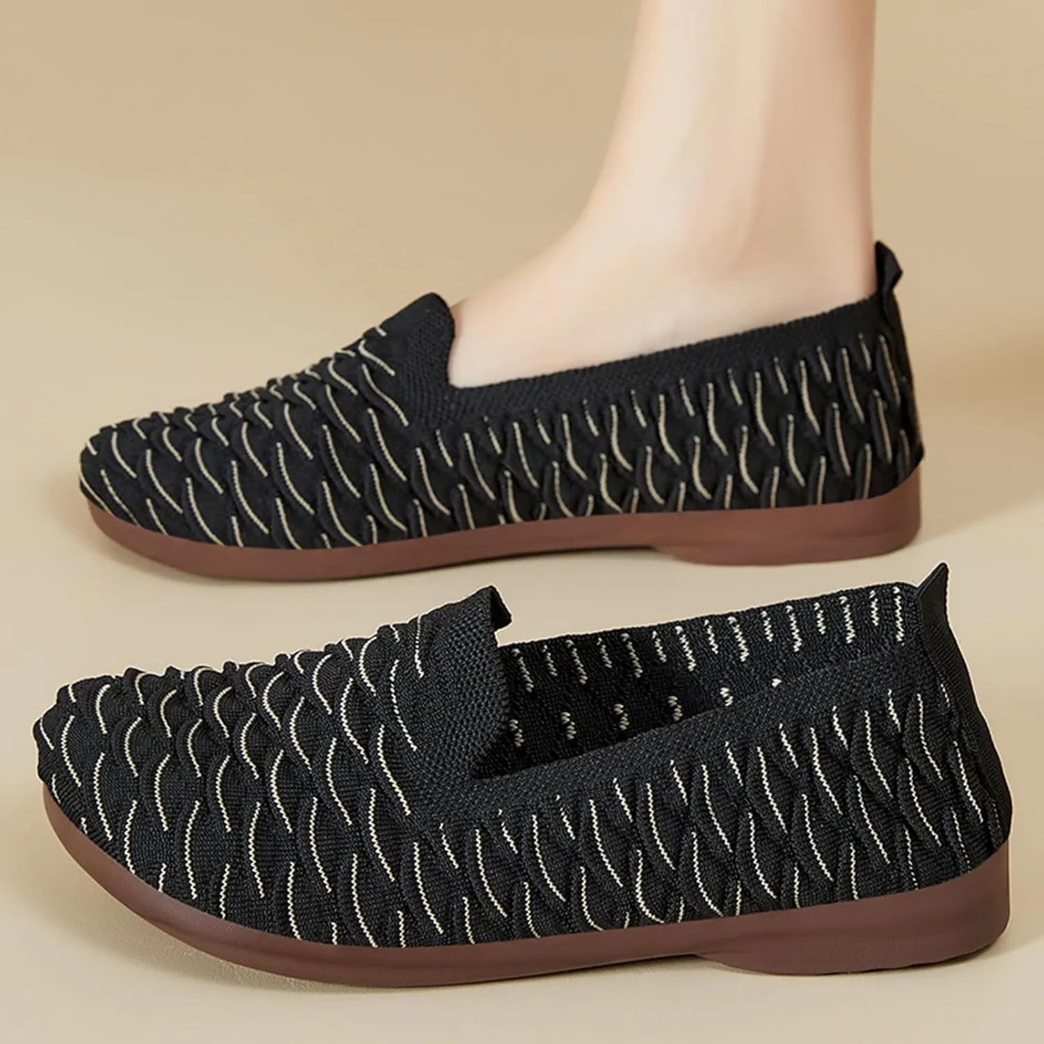 Women's Knit Breathable Ballet Flats Fashion Round Toe Soft Sole Shallow Mouth Slip On Loafers Comfortable Casual Walking Canvas Shoes