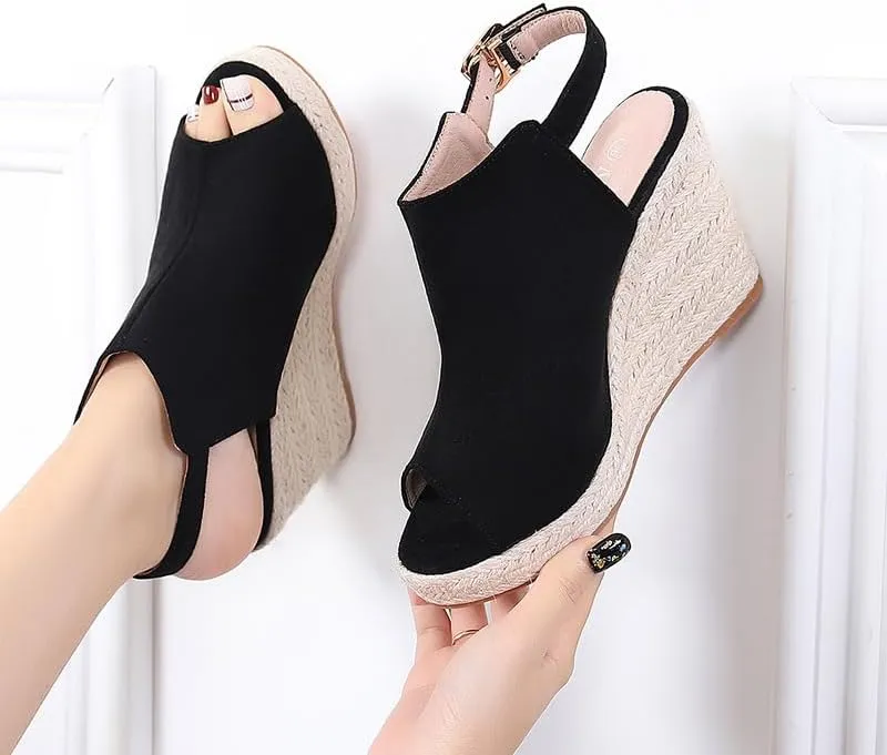 Women's large-sized thick-soled fish-mouth sandals with anti-slip straw woven hemp rope soles and one-button suede finish