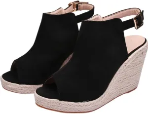 Women's large-sized thick-soled fish-mouth sandals with anti-slip straw woven hemp rope soles and one-button suede finish