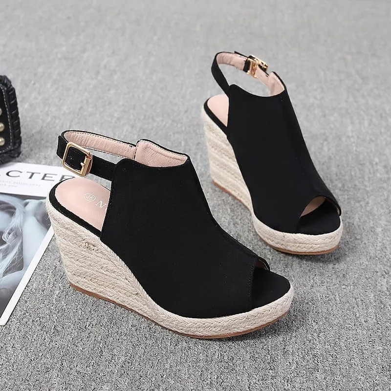 Women's large-sized thick-soled fish-mouth sandals with anti-slip straw woven hemp rope soles and one-button suede finish