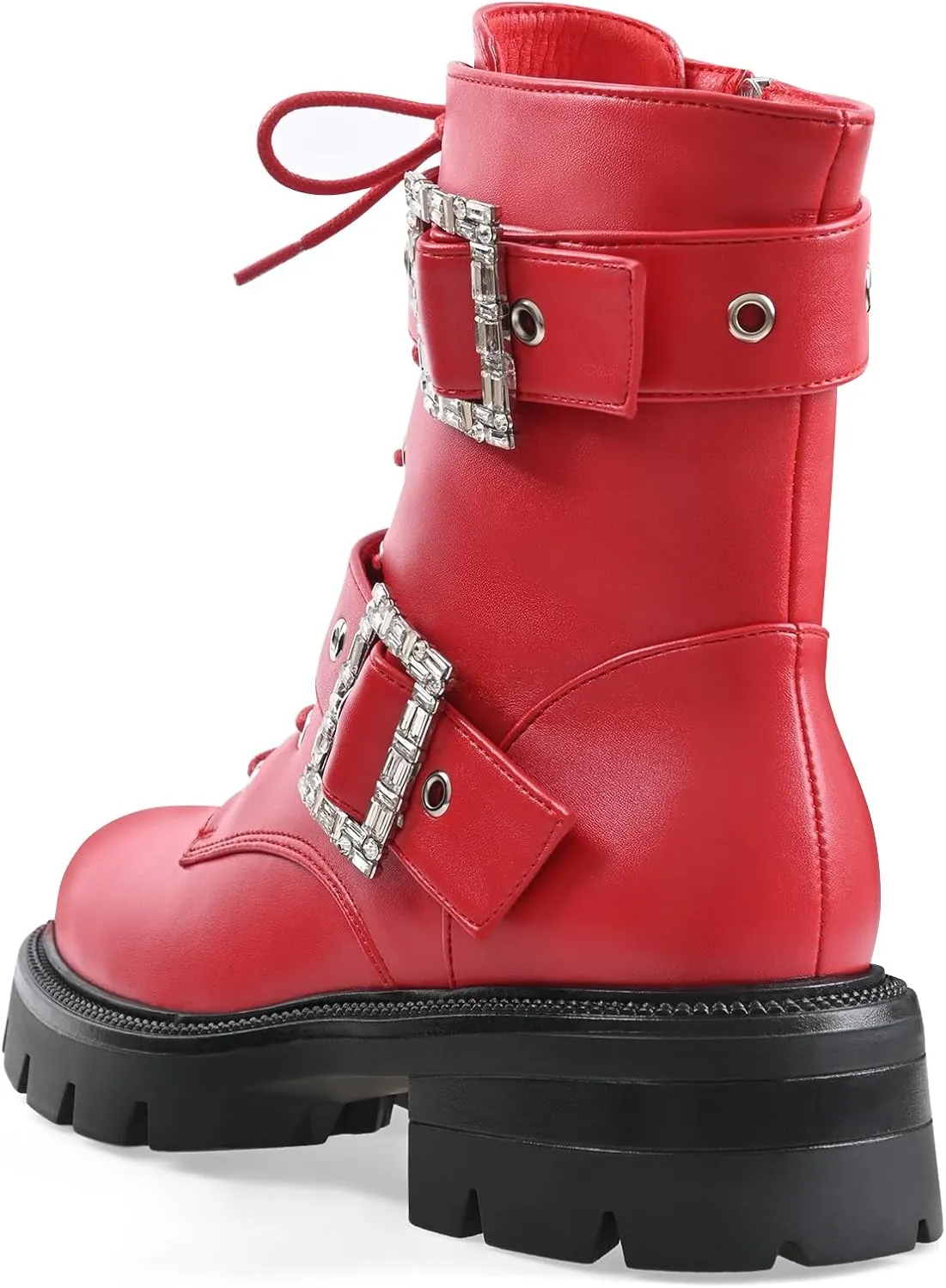 Women's Leather Platform Lug Sole Low Chunky Heel Combat Boots Lace Up Buckles Zipper Fashion Ankle Booties