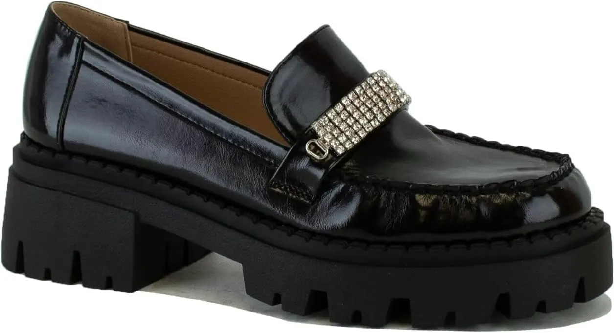 Women's Loafer with Rhinestone Chunky Penny Loafer Lug Sole Platform Loafer Round Toe Slip On Loafers