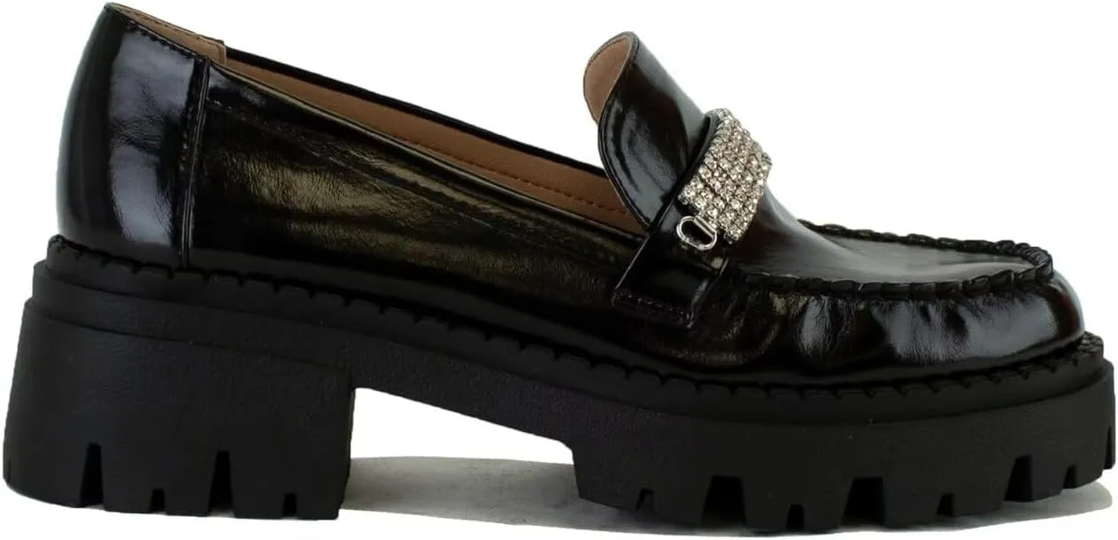Women's Loafer with Rhinestone Chunky Penny Loafer Lug Sole Platform Loafer Round Toe Slip On Loafers