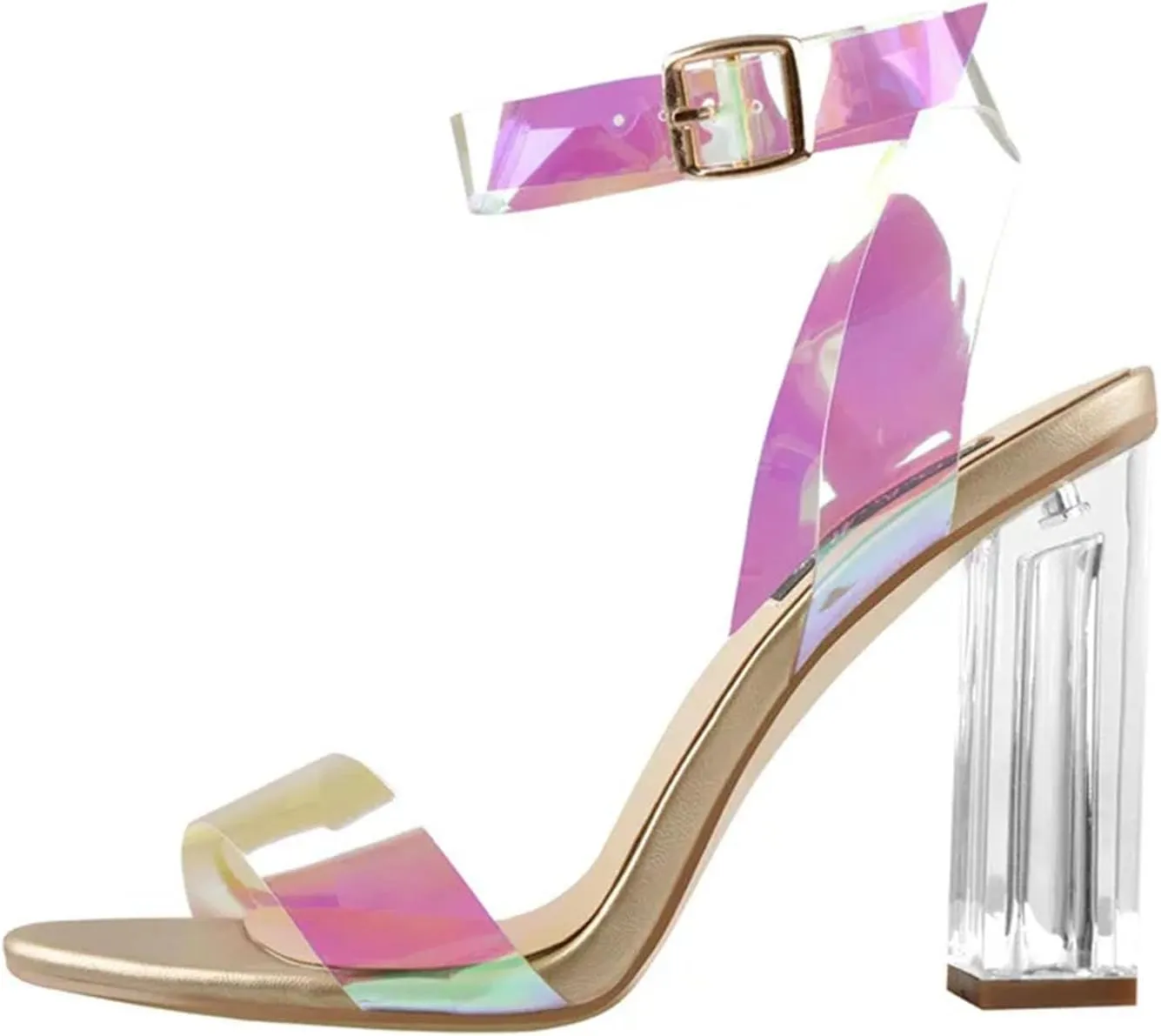 Women's Lucite Clear Ankle Strap Sandals - Adjustable Buckle Block Chunky Perspex High Heel