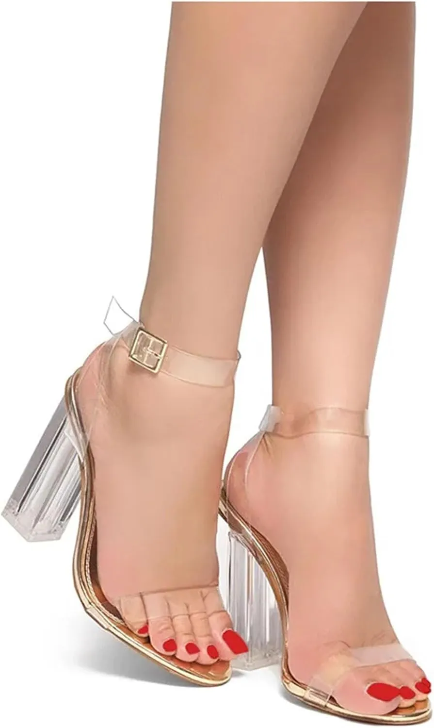 Women's Lucite Clear Ankle Strap Sandals - Adjustable Buckle Block Chunky Perspex High Heel