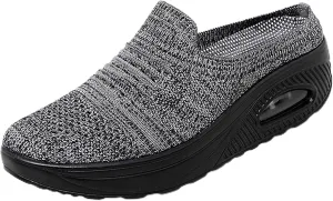 Women's Mesh Breathable Platform Air Cushion Mules Clogs Casual Slip-ons Open Back Walking Sneaker Slippers Arch Support Wedge Rocker Shoes
