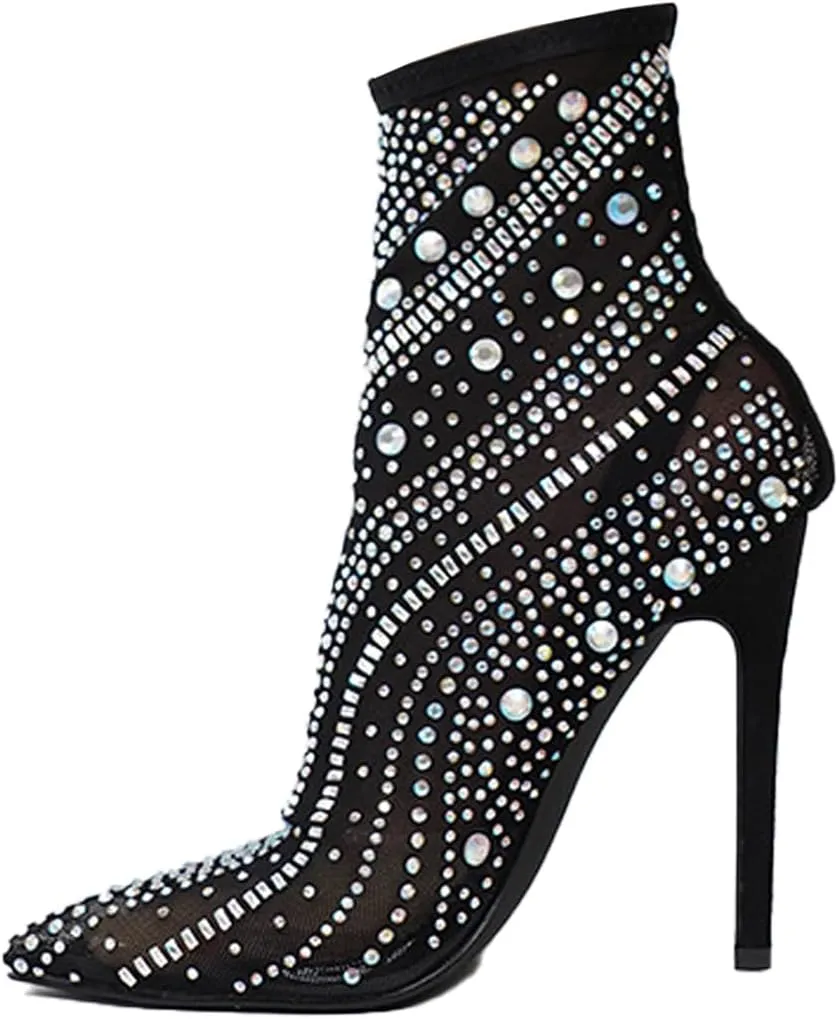 Women'S Mesh Rhinestone Stiletto Booties Sexy Pointed Toe Lightweight Breathable Hollow High Heel Ankle Booties For Party Prom Dress Boots