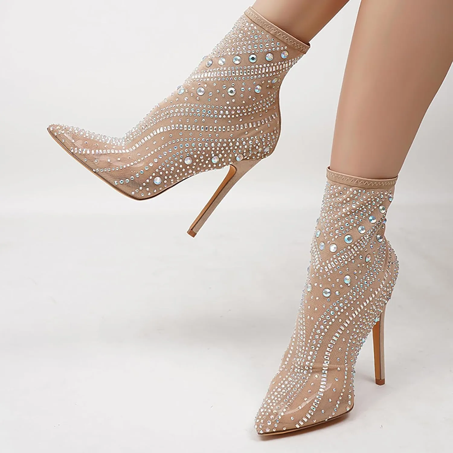 Women'S Mesh Rhinestone Stiletto Booties Sexy Pointed Toe Lightweight Breathable Hollow High Heel Ankle Booties For Party Prom Dress Boots