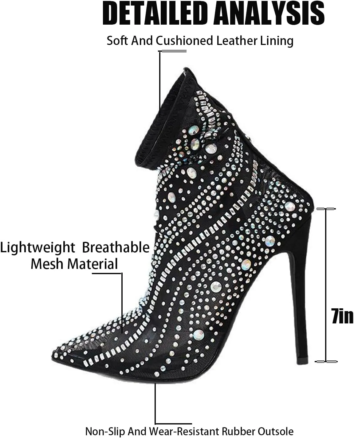 Women'S Mesh Rhinestone Stiletto Booties Sexy Pointed Toe Lightweight Breathable Hollow High Heel Ankle Booties For Party Prom Dress Boots