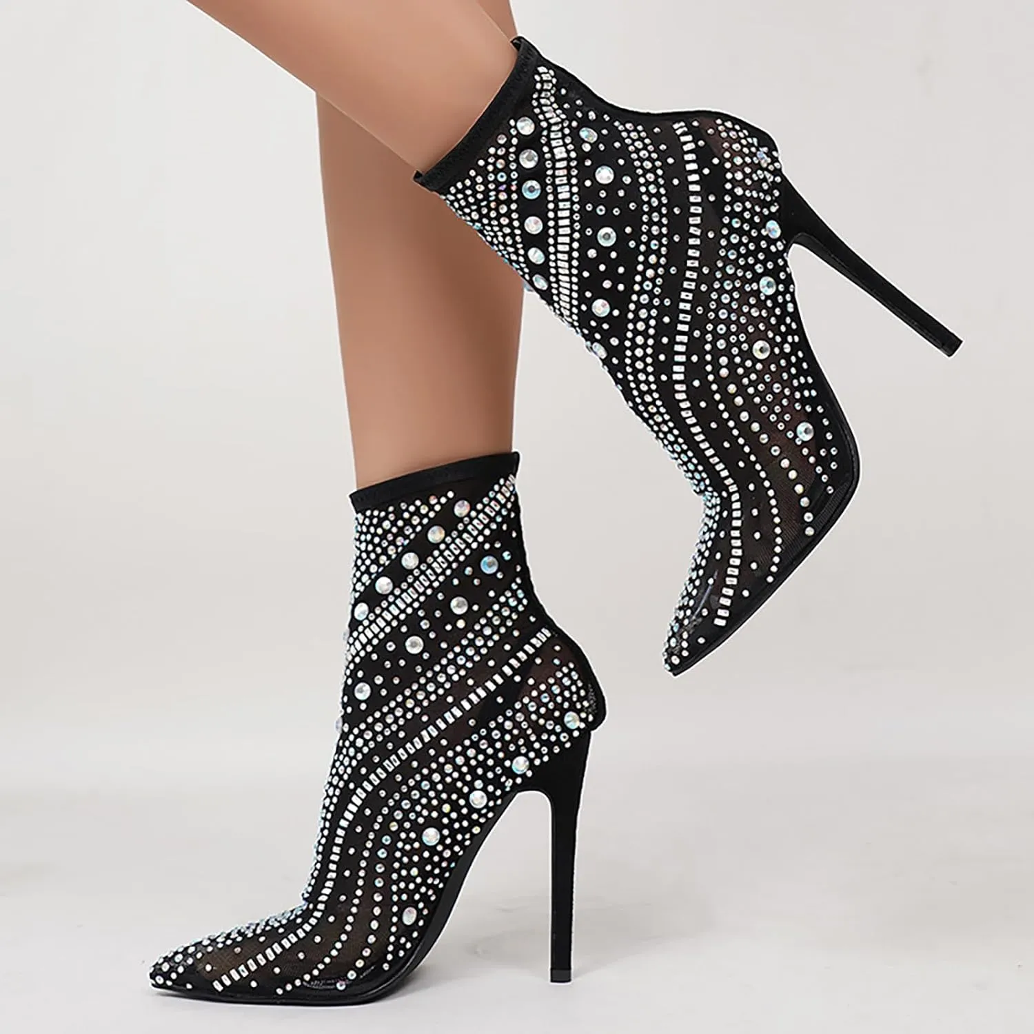 Women'S Mesh Rhinestone Stiletto Booties Sexy Pointed Toe Lightweight Breathable Hollow High Heel Ankle Booties For Party Prom Dress Boots