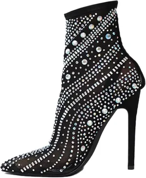 Women'S Mesh Rhinestone Stiletto Booties Sexy Pointed Toe Lightweight Breathable Hollow High Heel Ankle Booties For Party Prom Dress Boots