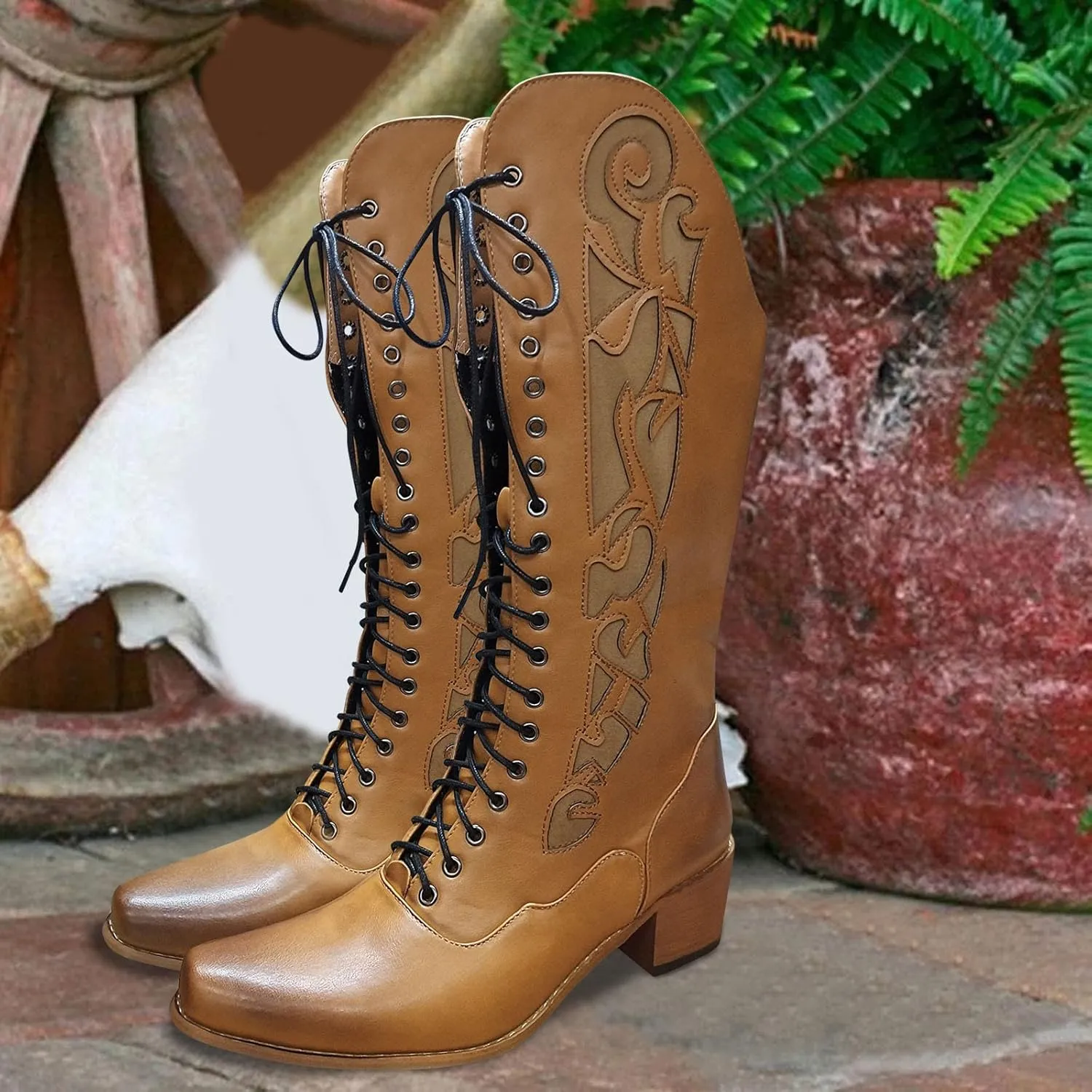 Women's Mid Calf Boots w Adjustable Laces Platform Casual Motorcycle Military Biker Goth Gothic Victorian Boots Knee High Boots Retro Embroidered Snip Toe Chunky Heel Fashion Shoes