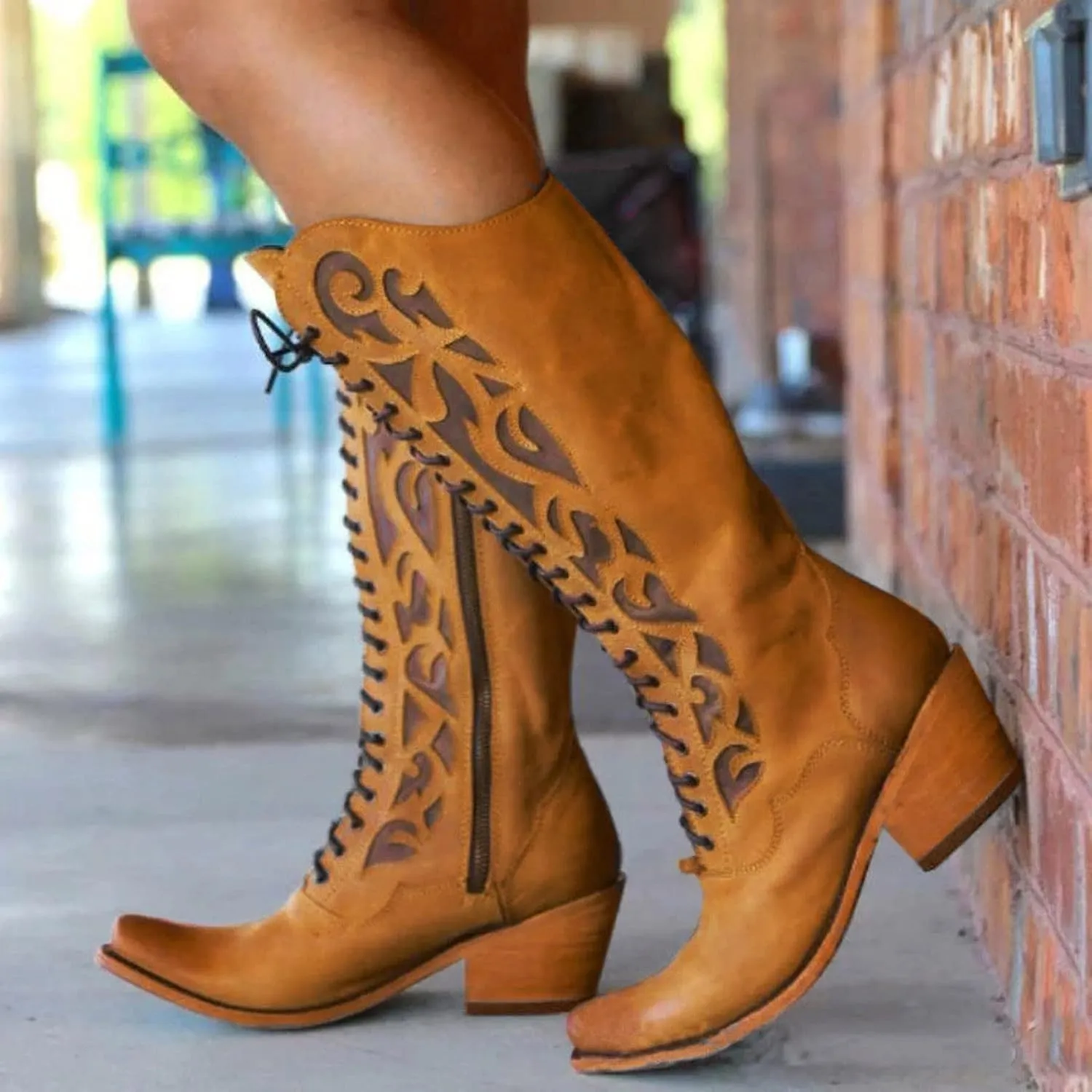 Women's Mid Calf Boots w Adjustable Laces Platform Casual Motorcycle Military Biker Goth Gothic Victorian Boots Knee High Boots Retro Embroidered Snip Toe Chunky Heel Fashion Shoes