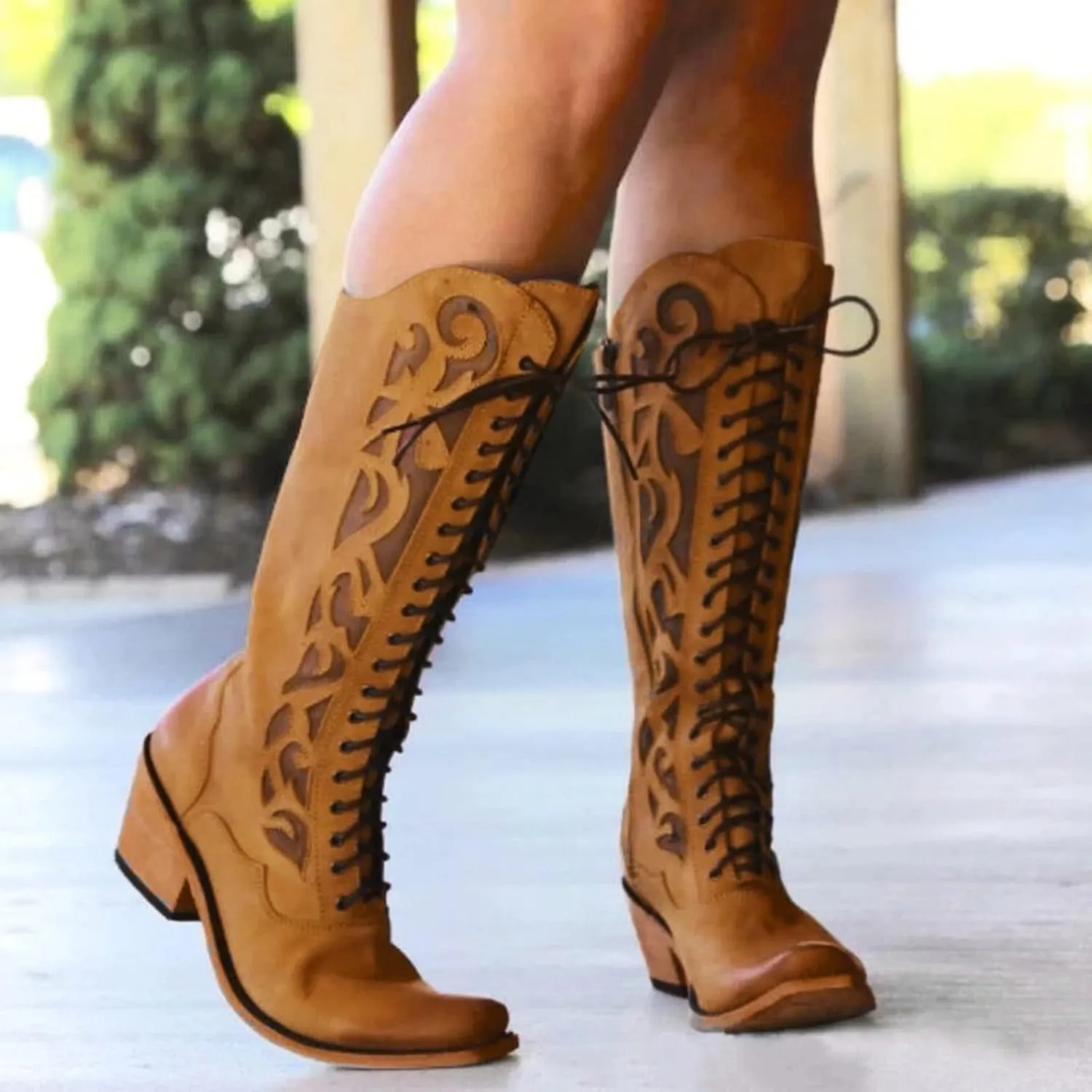 Women's Mid Calf Boots w Adjustable Laces Platform Casual Motorcycle Military Biker Goth Gothic Victorian Boots Knee High Boots Retro Embroidered Snip Toe Chunky Heel Fashion Shoes