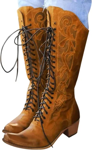 Women's Mid Calf Boots w Adjustable Laces Platform Casual Motorcycle Military Biker Goth Gothic Victorian Boots Knee High Boots Retro Embroidered Snip Toe Chunky Heel Fashion Shoes