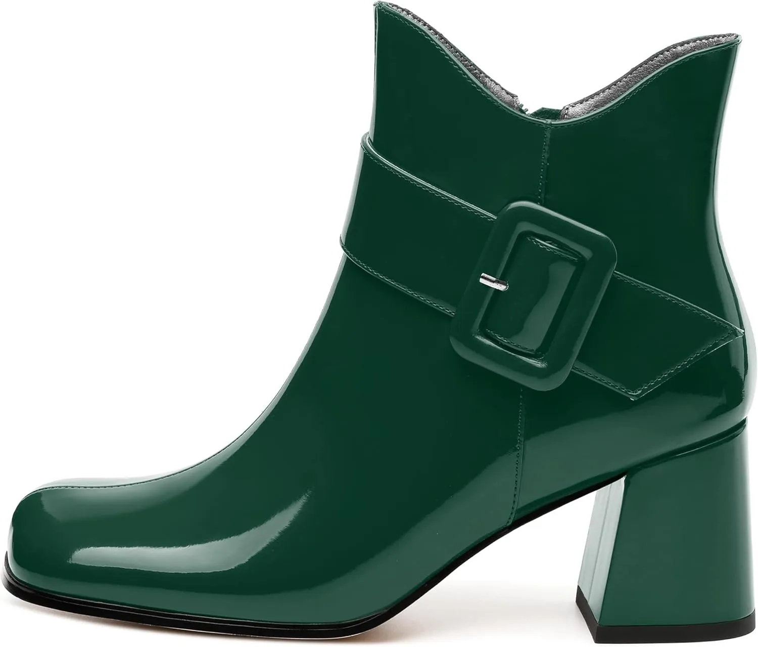 Women's Mid Heel Ankle Boots Square Toe Chunky Heel Short Boots Fashion Side Zipper Solid Patent Booties Comfortable Work Casual Boots