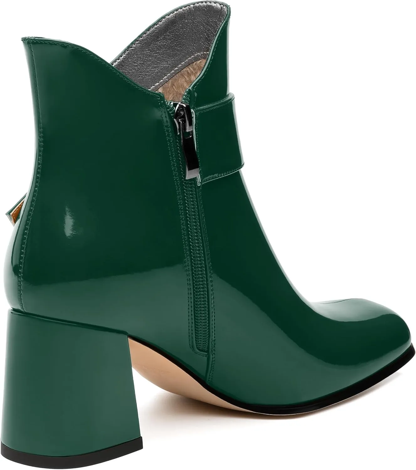 Women's Mid Heel Ankle Boots Square Toe Chunky Heel Short Boots Fashion Side Zipper Solid Patent Booties Comfortable Work Casual Boots
