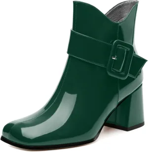 Women's Mid Heel Ankle Boots Square Toe Chunky Heel Short Boots Fashion Side Zipper Solid Patent Booties Comfortable Work Casual Boots