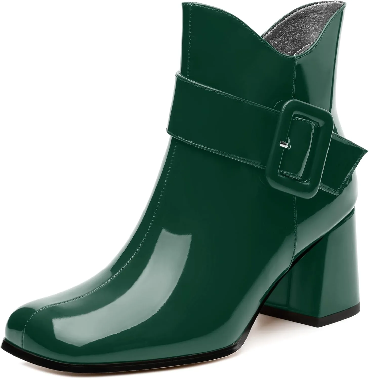 Women's Mid Heel Ankle Boots Square Toe Chunky Heel Short Boots Fashion Side Zipper Solid Patent Booties Comfortable Work Casual Boots