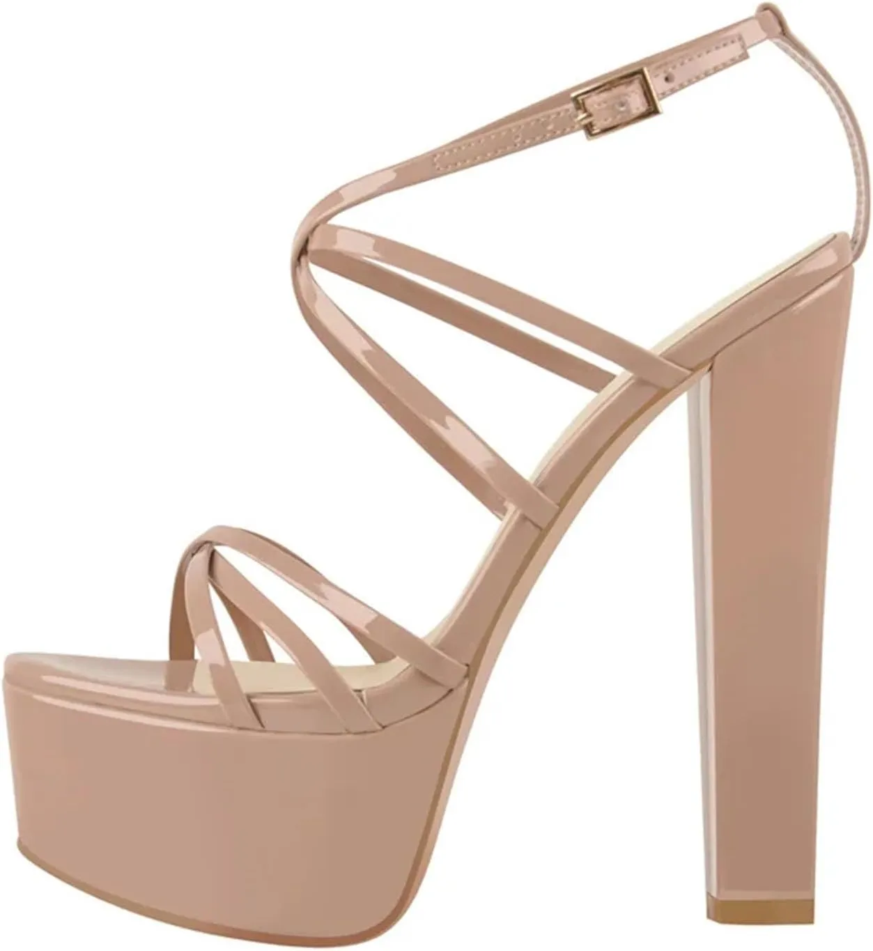 Women's Nude Patent Sandals - Cross Strap Chunky Block Heels