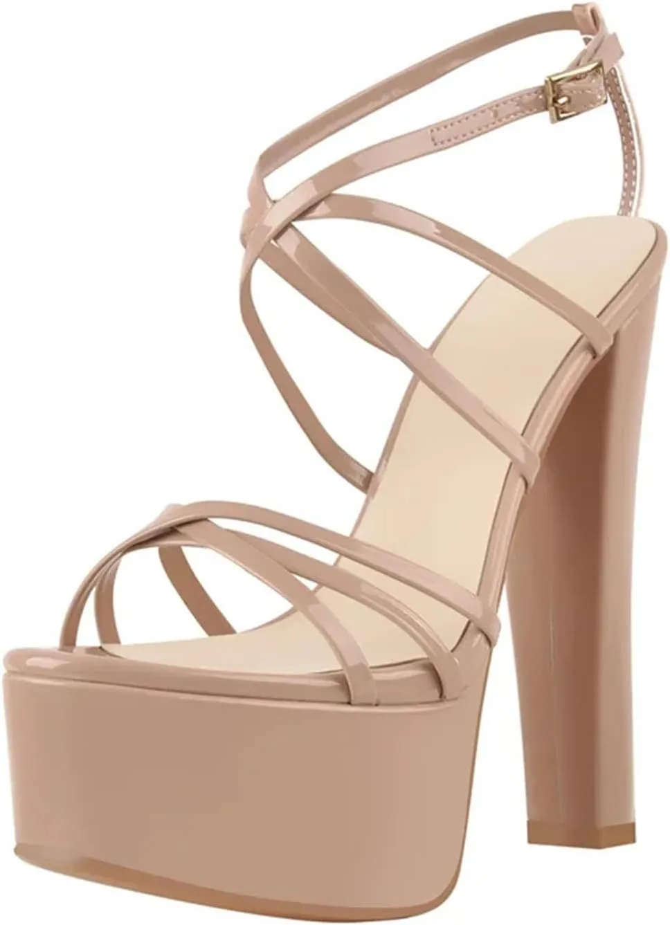 Women's Nude Patent Sandals - Cross Strap Chunky Block Heels