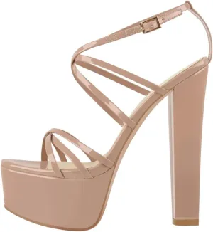 Women's Nude Patent Sandals - Cross Strap Chunky Block Heels