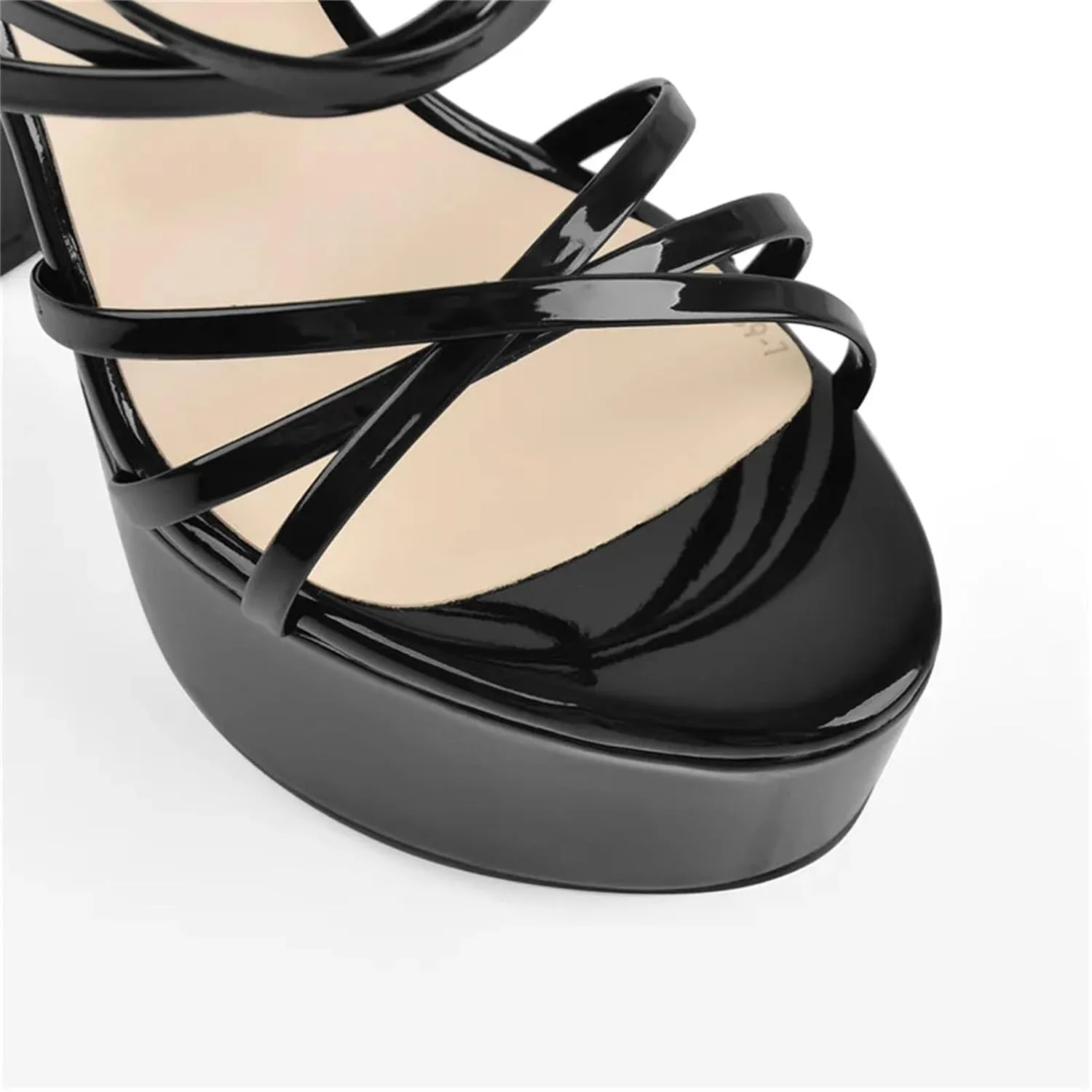 Women's Nude Patent Sandals - Cross Strap Chunky Block Heels