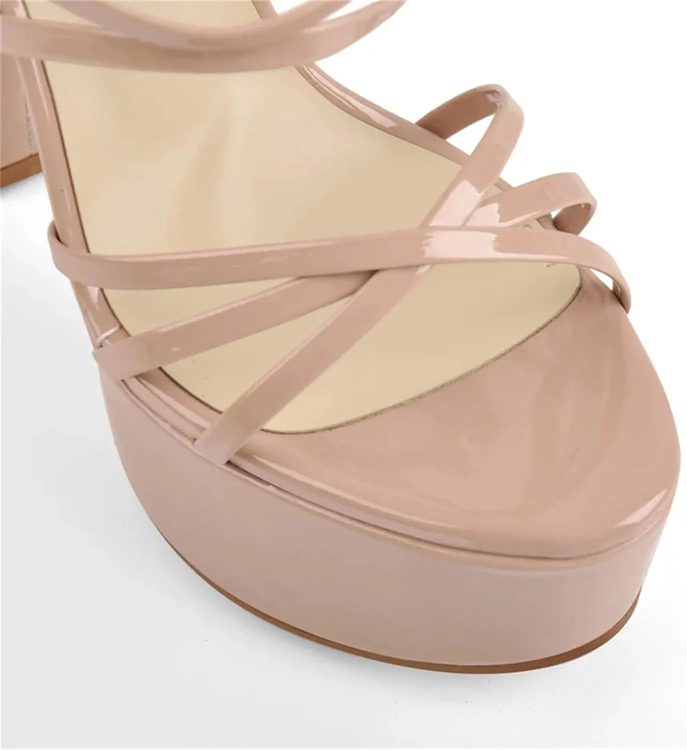 Women's Nude Patent Sandals - Cross Strap Chunky Block Heels