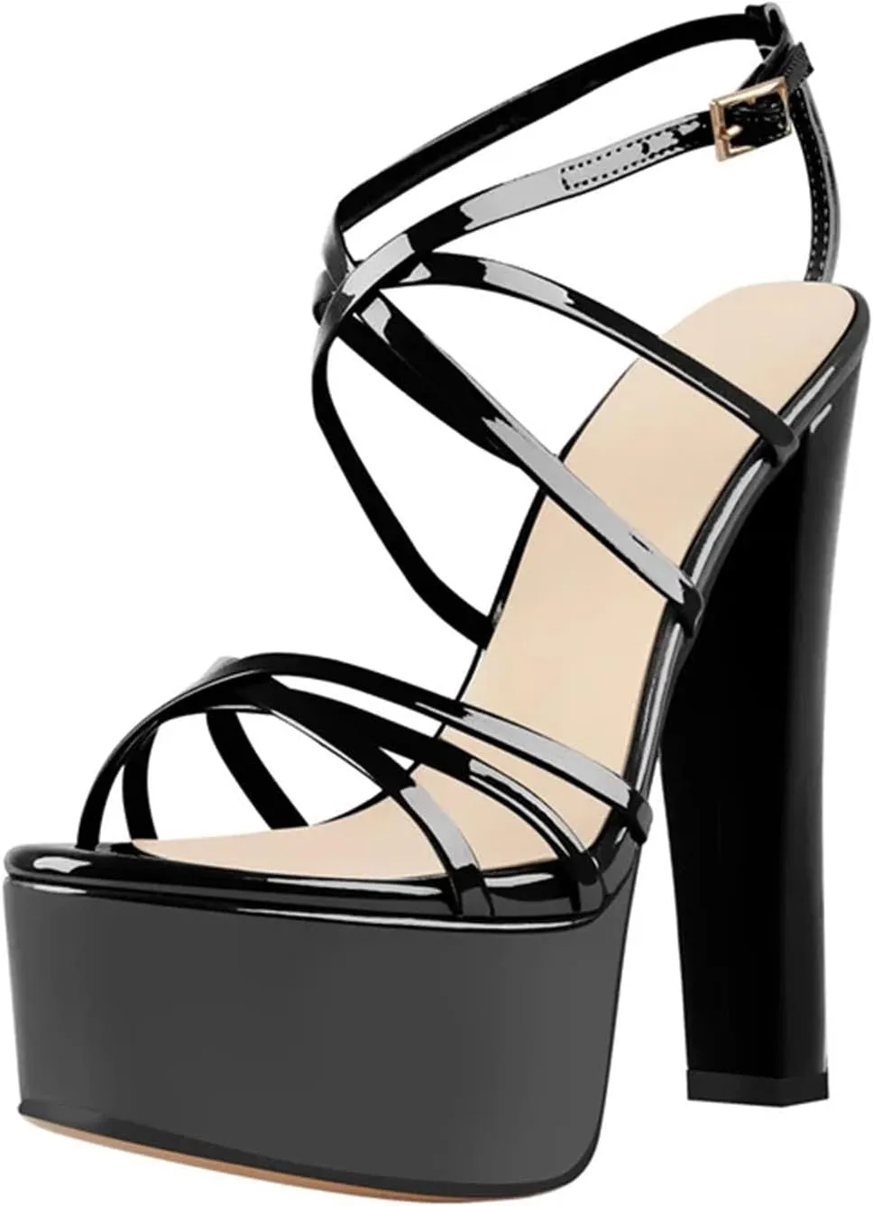 Women's Nude Patent Sandals - Cross Strap Chunky Block Heels