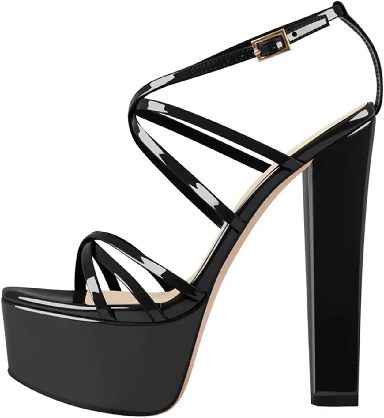 Women's Nude Patent Sandals - Cross Strap Chunky Block Heels