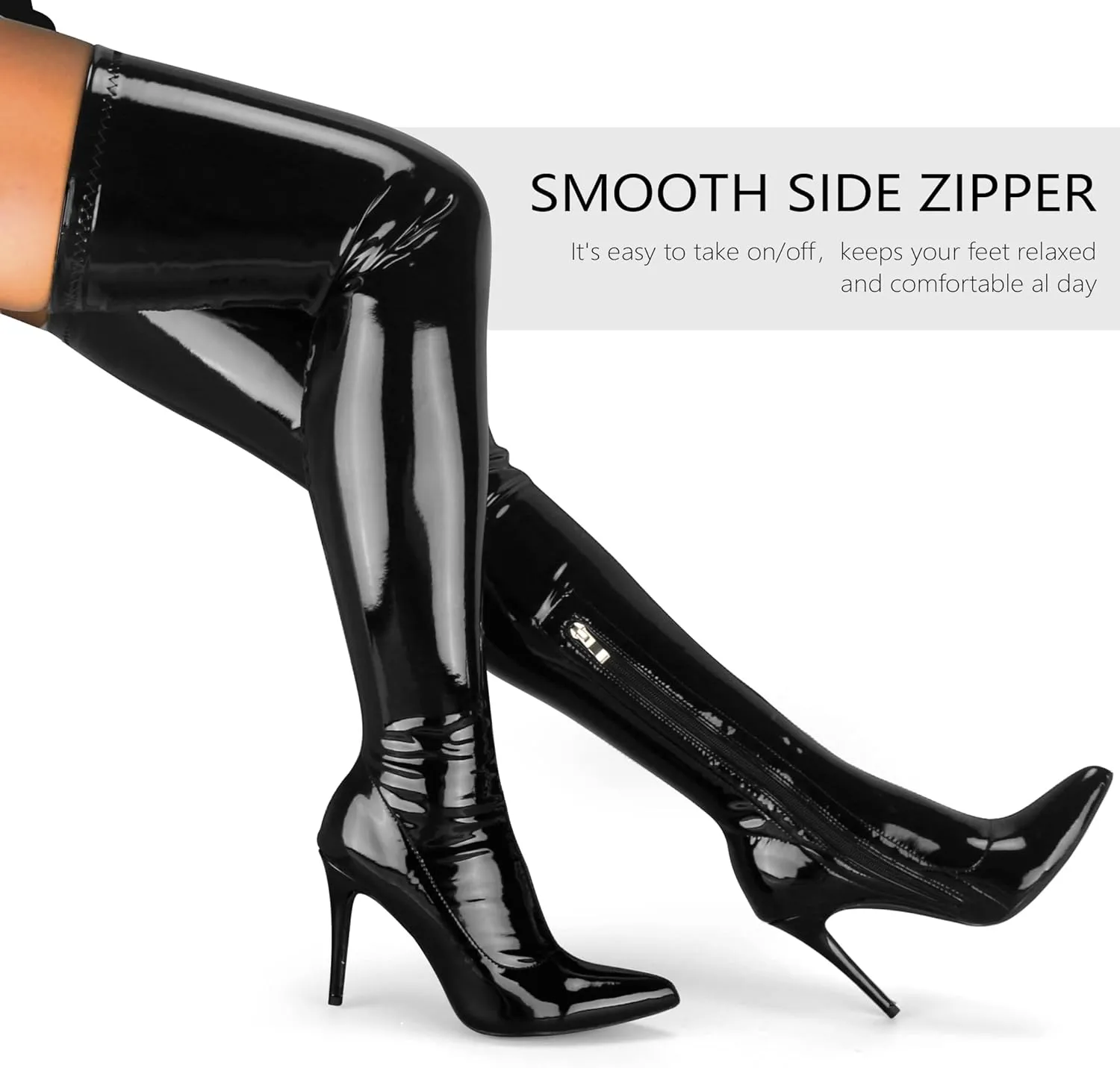 Women's Patent Leather PU Thigh High Boots Pointy Toe Side Zippe Fashion Comfy Sexy Stiletto High Heel Over The Knee Boots