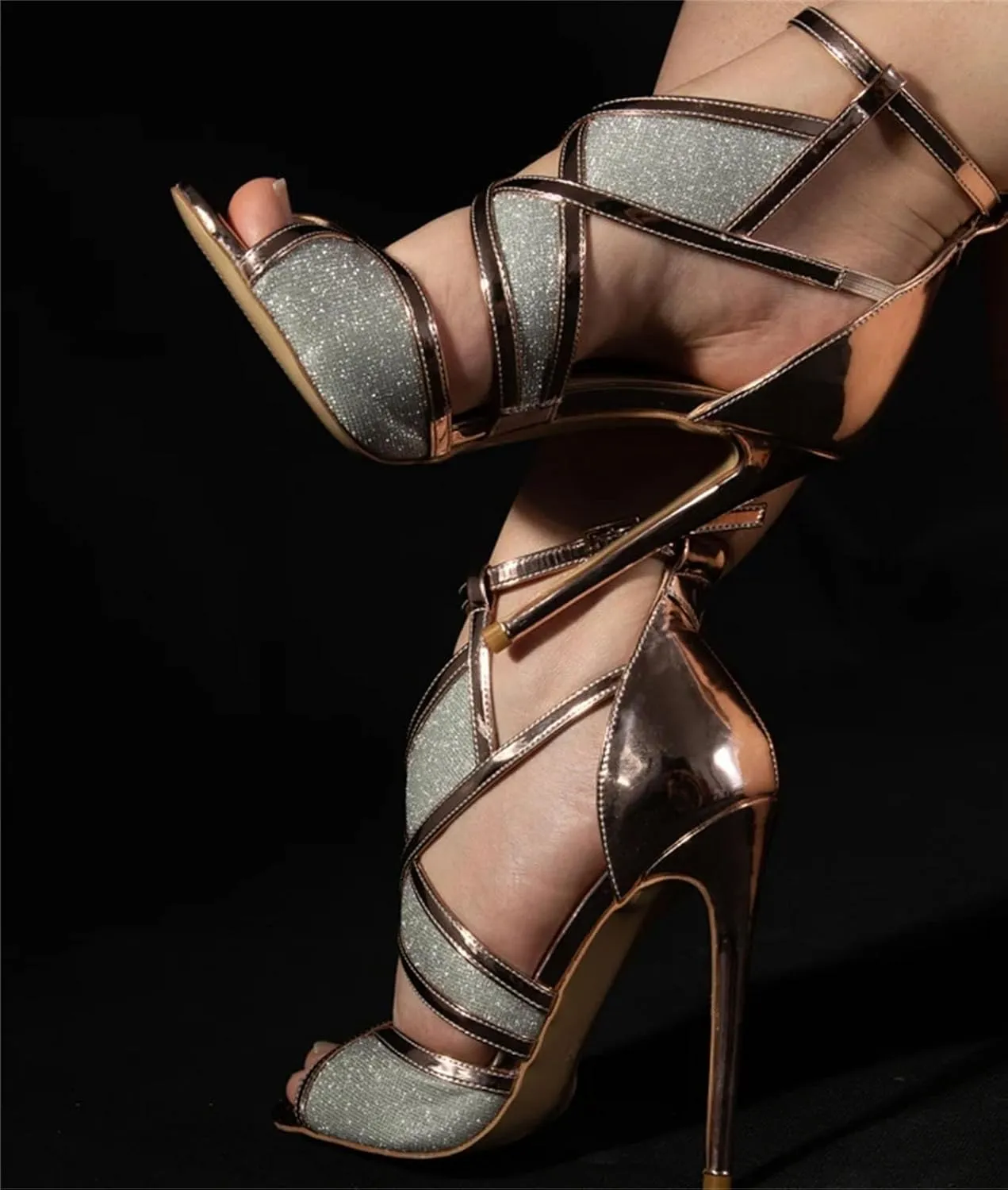 Women's Peep Toe 12cm Thin Heel Sandals - Glitter Cut Out Gold Evening Party Pumps
