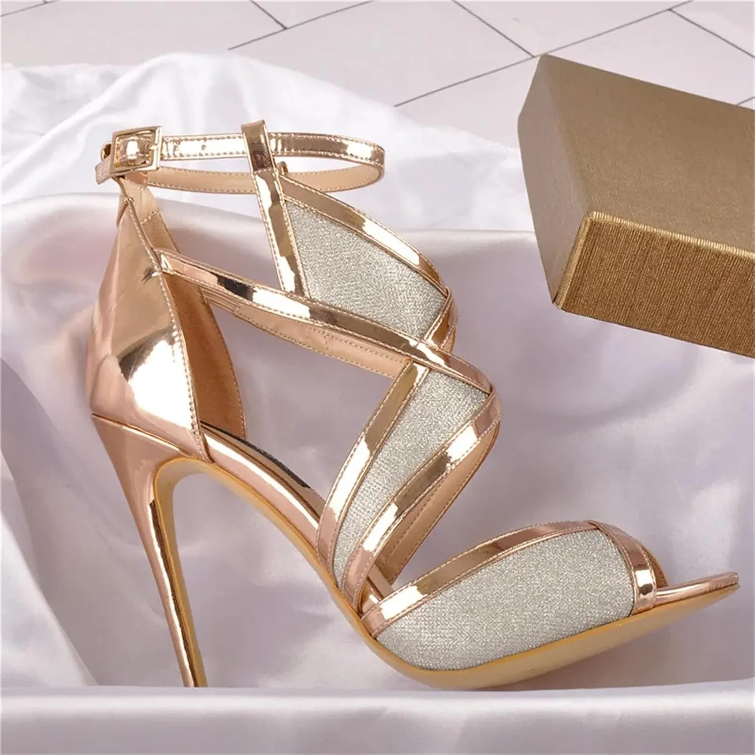 Women's Peep Toe 12cm Thin Heel Sandals - Glitter Cut Out Gold Evening Party Pumps