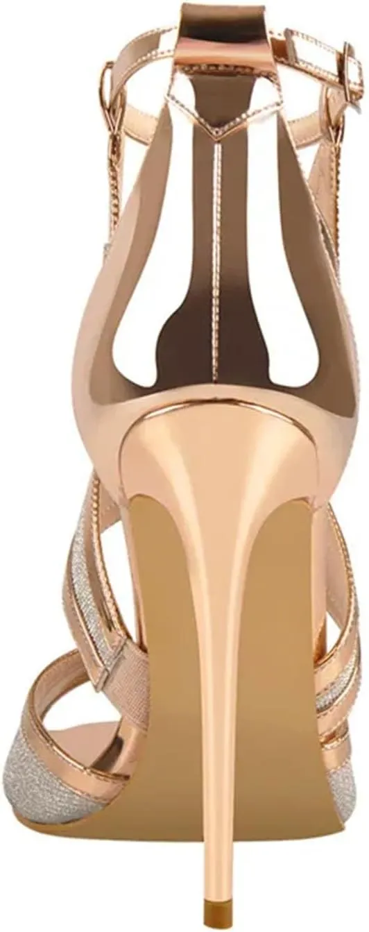 Women's Peep Toe 12cm Thin Heel Sandals - Glitter Cut Out Gold Evening Party Pumps